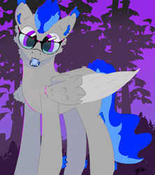 Size: 957x1080 | Tagged: safe, artist:hrabiadeblacksky, derpibooru import, oc, oc:blazing smoke, pegasus, pony, blue hair, commission, condom, forest background, glasses, male, purple eyes, solo, stallion, wings