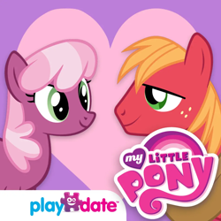 Size: 1024x1024 | Tagged: safe, derpibooru import, big macintosh, cheerilee, earth pony, pony, g4, app icon, big macintosh's yoke, cheerimac, duo, duo male and female, female, freckles, heart, heart background, hearts and hooves day, horse collar, looking at each other, looking at someone, male, mare, my little pony logo, my little pony: hearts and hooves day, playdate digital, shipping, smiling, stallion, straight, yoke