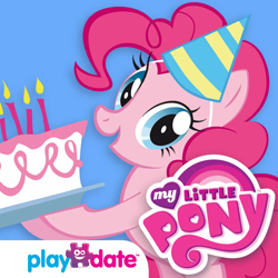 Size: 1024x1024 | Tagged: safe, derpibooru import, pinkie pie, earth pony, pony, g4, app icon, bipedal, cake, candle, female, food, hat, hoof hold, looking at you, mare, my little pony logo, my little pony party of one, open mouth, open smile, party hat, platter, playdate digital, smiling, solo, tail