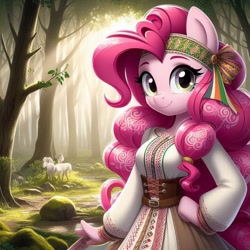Size: 1024x1024 | Tagged: safe, ai content, derpibooru import, machine learning generated, pinkie pie, anthro, earth pony, horse, birch tree, clothes, cyrillic, female, forest, nature, prompter needed, russian, slavic, solo, tree
