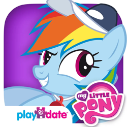 Size: 1024x1024 | Tagged: safe, derpibooru import, rainbow dash, pegasus, pony, g4, may the best pet win, app icon, coach rainbow dash, coaching cap, female, grin, hat, looking back, mare, my little pony logo, my little pony: best pet, playdate digital, rainbow dashs coaching whistle, smiling, solo, whistle, whistle necklace