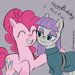 Size: 4096x4096 | Tagged: safe, artist:metaruscarlet, derpibooru import, maud pie, pinkie pie, earth pony, pony, :d, birthday, blushing, clothes, cutie mark, english, happy birthday, looking at each other, looking at someone, open mouth, open smile, purple background, simple background, smiling, smiling at each other