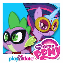 Size: 1024x1024 | Tagged: safe, derpibooru import, spike, twilight sparkle, alicorn, dragon, pony, g4, power ponies (episode), app icon, clothes, costume, domino mask, duo, duo male and female, female, goggles, horn, humdrum costume, looking at you, male, mare, masked matter-horn costume, my little pony logo, my little pony: power ponies, playdate digital