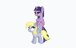 Size: 353x221 | Tagged: safe, derpibooru import, derpy hooves, twilight sparkle, unicorn twilight, pegasus, pony, unicorn, april fools 2024, desktop ponies, pixel art, ponies riding ponies, riding, simple background, sprite, white background