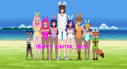 Size: 1920x1048 | Tagged: safe, derpibooru import, applejack, fluttershy, pinkie pie, rainbow dash, rarity, twilight sparkle, oc, alien, anthro, fox, human, rabbit, animal, animal costume, applerack, boots, breasts, bunny costume, bunny ears, bunny suit, bunnyshy, canon x oc, cargo shorts, clothes, costume, cowboy boots, cowboy hat, delicious flat chest, easter, group photo, hat, headlight sparkle, high heel boots, high heels, holiday, hootershy, humanized, judy hopps, kisekae, lake, legs, legs together, leotard, long sleeves, nick wilde, pantyhose, pinkie pies, rainbow flat, raritits, shoes, shorts, small breasts, stetson, stockings, thigh highs, water, zootopia