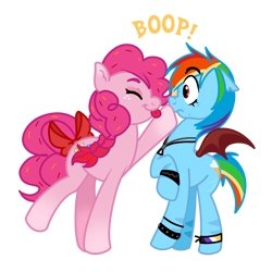 Size: 2000x2000 | Tagged: safe, artist:bonedustz, derpibooru import, pinkie pie, rainbow dash, bat pony, earth pony, pony, g4, alternate design, alternate eye color, alternate hairstyle, art trade, bat ponified, blue coat, boop, bow, bracelet, braid, colored eartips, colored eyebrows, colored wings, curly hair, curly mane, curly tail, ear fluff, ears, eye clipping through hair, eyebrows, eyebrows visible through hair, eyes closed, eyeshadow, female, freckles, frown, gender headcanon, gradient legs, jewelry, lesbian, makeup, mare, multicolored hair, necklace, nonbinary, nonbinary pride flag, pink coat, pinkiedash, pride, pride flag, profile, race swap, rainbow hair, rainbow tail, rainbowbat, red eyes, shipping, smiling, spread wings, stripes, studded bracelet, tail, tail bow, tied mane, tied tail, tongue, tongue out, torn ear, two toned wings, wingding eyes, wings, wristband