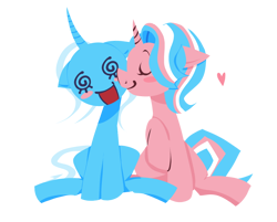 Size: 944x759 | Tagged: safe, artist:bonedustz, derpibooru import, starlight glimmer, trixie, pony, unicorn, alternate mane color, alternate tail color, blue coat, blush sticker, blushing, countershading, curved horn, duo, duo female, eyes closed, female, floating heart, heart, horn, kiss on the cheek, kissing, lesbian, lineless, long mane, long tail, mare, open mouth, open smile, pride, pride flag, profile, raised hoof, raised leg, shipping, simple background, sitting, smiling, startrix, swirly eyes, t4t, tail, trans day of visibility, trans female, trans trixie, transgender, transgender pride flag, transparent background, two toned mane, two toned tail, unicorn horn, white mane