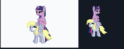 Size: 563x224 | Tagged: safe, derpibooru import, derpy hooves, twilight sparkle, pony, animated, april fools, april fools 2024, desktop ponies, female, gif, pixel art, ponies riding ponies, replica, riding, sprite