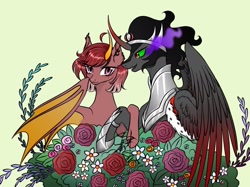 Size: 1441x1080 | Tagged: source needed, safe, artist:权力组, derpibooru import, king sombra, oc, alicorn, alicorn sombra, bat wings, canon x oc, female, flower, horn, jewelry, male, regalia, simple background, wings