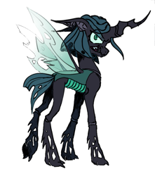 Size: 685x775 | Tagged: safe, artist:emptygoldstudio, derpibooru import, queen chrysalis, changeling, changeling queen, alternate hairstyle, concave belly, female, gritted teeth, lanky, looking at you, looking back, looking back at you, short mane, simple background, skinny, solo, tall, teeth, thin, white background