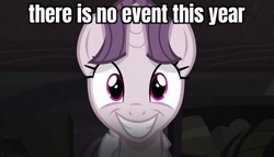 Size: 1258x720 | Tagged: safe, derpibooru import, edit, edited screencap, screencap, sugar belle, pony, unicorn, g4, the cutie map, april fools 2024, avatar the last airbender, basement, caption, creepy, creepy smile, cult, equalized, equalized mane, false smile, female, horn, image macro, looking at you, mare, smiling, solo, text, wide smile