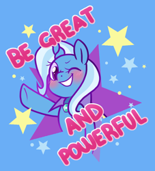 Size: 926x1020 | Tagged: safe, artist:paperbagpony, derpibooru import, trixie, pony, unicorn, blue background, female, horn, mare, one eye closed, simple background, solo, stars