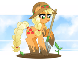 Size: 1750x1350 | Tagged: safe, artist:vivian reed, derpibooru import, applejack, earth pony, pony, g4, alternate hairstyle, braid, braided tail, dirty, female, hat, lidded eyes, looking down, mare, plant, shovel, smiling, solo, sun hat, sweat, tail