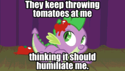 Size: 960x540 | Tagged: safe, edit, edited screencap, editor:undeadponysoldier, screencap, spike, dragon, eating, fruit, lying down, male, not abuse, on stomach, response, tomato