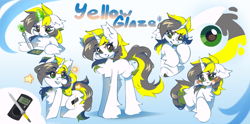 Size: 7751x3856 | Tagged: safe, artist:vanilla-chan, derpibooru import, oc, oc only, oc:yellowglaze, pony, unicorn, chest fluff, ear fluff, ears, female, horn, magic, reference sheet, simple background, tail, telekinesis, two toned mane, two toned tail, unicorn oc