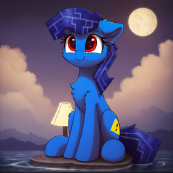 Size: 1024x1024 | Tagged: safe, ai content, derpibooru import, generator:pony diffusion v6 xl, generator:stable diffusion, machine learning generated, oc, oc only, oc:bluescreen pony, original species, pony, blue screen of death, cute, lora model, lora:bluescreen pony, moon, night, prompter:jasmindreasond, smiling, wrong eye shape