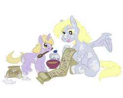 Size: 600x480 | Tagged: artist needed, safe, derpibooru import, derpy hooves, dinky hooves, pegasus, unicorn, g4, baking, cooking, cute, female, food, horn, mother and child, mother and daughter, muffin, parent and child, simple background, tongue, tongue out, transparent background