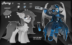 Size: 3000x1900 | Tagged: safe, artist:zlatavector, derpibooru import, oc, oc only, oc:rainy, bat pony, pony, bat pony oc, clothes, commission, cutie mark, female, palette swap, recolor, reference sheet, solo, spread wings, weapon, wings