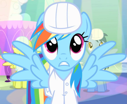 Size: 875x720 | Tagged: safe, derpibooru import, screencap, rainbow dash, pegasus, pony, g4, season 1, sonic rainboom (episode), clothes, female, frown, looking up, mare, spread wings, weather factory, weather factory uniform, wings