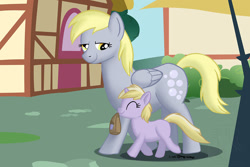 Size: 1200x800 | Tagged: artist needed, safe, derpibooru import, derpy hooves, dinky hooves, pegasus, unicorn, g4, bag, equestria's best mother, eyes closed, female, food, horn, lunch bag, mother and child, mother and daughter, mouth hold, muffin, parent and child, signature, smiling, watermark