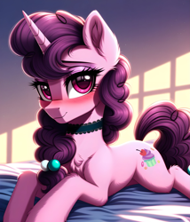 Size: 3429x4000 | Tagged: safe, ai content, derpibooru import, generator:pony diffusion v6 xl, generator:stable diffusion, machine learning generated, sugar belle, pony, unicorn, g4, bed, bedroom eyes, blushing, chest fluff, choker, cute, ear fluff, ears, female, fluffy, high res, horn, looking at you, lying down, prompter:midnight dashie, shy, solo