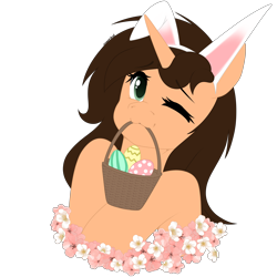 Size: 3000x3000 | Tagged: safe, artist:xcinnamon-twistx, derpibooru import, oc, oc only, oc:small brooke, pony, unicorn, :3, basket, bunny ears, easter, easter basket, easter egg, egg, flower, holiday, horn, mouth hold, one eye closed, simple background, solo, transparent background, wink