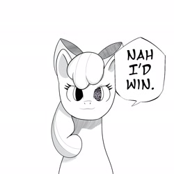 Size: 2048x2048 | Tagged: safe, artist:cuddleteambirb, derpibooru import, apple bloom, earth pony, pony, female, filly, foal, jujutsu kaisen, lineart, looking at you, meme, nah i'd win, ponified, ponified meme, simple background, solo, speech bubble, text, white background