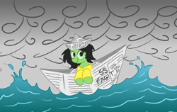 Size: 1362x861 | Tagged: safe, artist:dhm, derpibooru import, oc, oc only, oc:anon filly, pony, boat, cloud, cute, digital art, female, filly, foal, hat, looking at you, newspaper, ocean, paper boat, paper hat, raincoat, sailing, slur, solo, splash, storm, water, wave