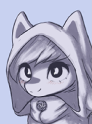 Size: 433x583 | Tagged: safe, artist:mrscroup, derpibooru import, oc, oc:eathelin, pony, equestria at war mod, black and white, bust, cat ears, clothes, cute, female, grayscale, hood, looking at you, mare, monochrome, smiling, smiling at you, solo