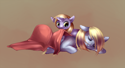 Size: 1050x570 | Tagged: safe, artist:zanthu, derpibooru import, derpy hooves, dinky hooves, pegasus, unicorn, g4, blanket, female, horn, mother and child, mother and daughter, parent and child, sleeping