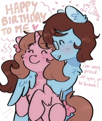 Size: 1351x1599 | Tagged: safe, derpibooru import, oc, oc only, pegasus, pony, unicorn, birthday, blue coat, brown hair, brown mane, couple, duo, duo male and female, eyes closed, female, glasses, horn, hug, hugging a pony, love, male, pegasus oc, pink coat, purple coat, ship, shipping, unicorn oc