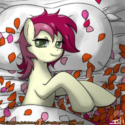 Size: 900x900 | Tagged: safe, alternate version, artist:johnjoseco, derpibooru import, roseluck, earth pony, pony, g4, adobe imageready, bed, female, flower, looking at you, mare, morning ponies, pillow, rose, rose petals, smiling, solo