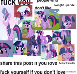 Size: 1250x1202 | Tagged: safe, derpibooru import, screencap, fluttershy, twilight sparkle, twilight sparkle (alicorn), unicorn twilight, alicorn, pony, unicorn, alternate hairstyle, apple slice, cute, fuck yourself if you don't love x, golden oaks library, happy, horn, humor, lidded eyes, looking at you, meme, multeity, pillow, simple background, sitting, smiling, smiling at you, text, vulgar, white background