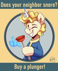 Size: 3000x3700 | Tagged: safe, artist:shadowreindeer, derpibooru import, pony, unicorn, april fools, fallout, horn, plunger, ponified, poster, solo, species swap, vault boy