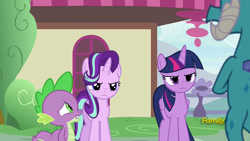 Size: 1024x576 | Tagged: safe, derpibooru import, screencap, princess ember, spike, starlight glimmer, twilight sparkle, twilight sparkle (alicorn), alicorn, dragon, unicorn, g4, triple threat, angry, baby, baby dragon, discovery family, discovery family logo, female, horn, logo, male, mare