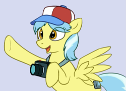 Size: 783x570 | Tagged: artist needed, safe, derpibooru import, pegasus, g4, baseball cap, camera, cap, eye clipping through hair, hat, open mouth, pointing, simple background, tracy flash