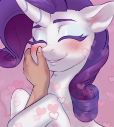 Size: 3568x4000 | Tagged: safe, artist:helemaranth, derpibooru import, rarity, human, pony, unicorn, blush lines, blushing, curved horn, cute, eyes closed, female, hand, hand on cheek, heart, high res, horn, mare, offscreen character, offscreen human, raribetes, smiling
