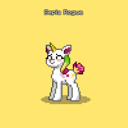 Size: 596x595 | Tagged: safe, derpibooru import, oc, oc only, oc:sepia rogue, pony, unicorn, blank flank, body markings, coat markings, colored ear fluff, colored horn, facial markings, female, horn, mare, multicolored hair, pixel art, pony town, short tail, simple background, tail