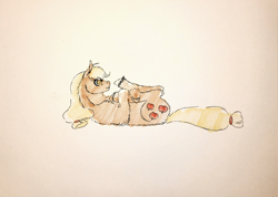 Size: 2102x1496 | Tagged: safe, artist:midnightmoon1986, derpibooru import, applejack, earth pony, pony, g4, female, leg grab, lying down, mare, on back, solo, stretching, tail, traditional art, unshorn fetlocks