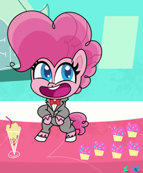 Size: 6600x8010 | Tagged: safe, artist:kuren247, derpibooru import, pinkie pie, earth pony, pony, g4, g4.5, my little pony: pony life, big smile, bipedal, clothes, costume, crossover, cupcake, dancing, drink, fanart, food, looking away, milkshake, parody, pee-wee herman, shoes, show accurate, solo, sugarcube corner, suit