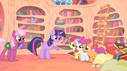 Size: 1280x720 | Tagged: safe, derpibooru import, screencap, apple bloom, cheerilee, scootaloo, sweetie belle, twilight sparkle, earth pony, pony, unicorn, g4, the show stoppers, animation error, bag, coloring error, cutie mark crusaders, earth pony scootaloo, error, female, golden oaks library, horn, looking at each other, looking at someone, open mouth, open smile, race swap, raised hoof, raised leg, smiling, smiling at each other, walking, wingless