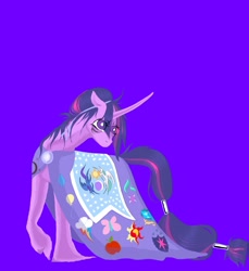 Size: 1534x1674 | Tagged: safe, artist:midnightmoon1986, derpibooru import, princess celestia, princess luna, twilight sparkle, pony, g4, alternate hairstyle, applejack's cutie mark, bags under eyes, blue background, cape, clothes, female, fluttershy's cutie mark, horn, implied applejack, implied fluttershy, implied pinkie pie, implied princess cadance, implied rainbow dash, implied rarity, implied shining armor, implied starlight glimmer, implied sunset shimmer, long tail, mare, messy mane, pinkie pie's cutie mark, princess cadance's cutie mark, rainbow dash's cutie mark, raised hoof, raised leg, rarity's cutie mark, shining armor's cutie mark, simple background, solo, song in the description, starlight glimmer's cutie mark, sunset shimmer's cutie mark, tail, tail band, unshorn fetlocks