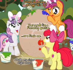 Size: 2100x2000 | Tagged: safe, artist:nitei, derpibooru import, apple bloom, scootaloo, sweetie belle, earth pony, pegasus, pony, unicorn, g4, apple, apple tree, bow, bunny ears, confused, cutie mark crusaders, dialogue, easter, easter egg, egg, hair bow, happy, hay, holiday, horn, looking up, magic, paint, paint can, paintbrush, painting, raised hoof, raised leg, smiling, stool, tree