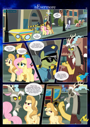 Size: 3259x4607 | Tagged: safe, artist:estories, derpibooru import, discord, fluttershy, oc, oc:alice goldenfeather, draconequus, pegasus, pony, comic:nevermore, comic, female, hat, male, manehattan, mare, officer, open mouth, police, police officer, speech bubble, stallion, sunglasses