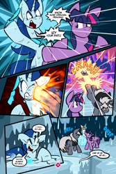 Size: 3000x4500 | Tagged: safe, artist:virmir, derpibooru import, twilight sparkle, oc, oc:snowmare doom, oc:virmare, alicorn, pony, comic:so you've become a pony villain, g4, bucking, comic, dialogue, glowing, glowing horn, horn, knife, magic, pun, speech bubble, teleportation, wings