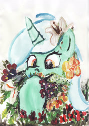 Size: 1632x2307 | Tagged: safe, artist:mandumustbasukanemen, derpibooru import, lyra heartstrings, pony, unicorn, g4, cute, eating, female, flower, flower in hair, horn, lyrabetes, mare, simple background, solo, white background