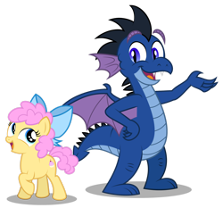 Size: 1920x1787 | Tagged: safe, artist:aleximusprime, derpibooru import, oc, oc only, oc:buttercream the dragon, oc:nightwatch, dragon, earth pony, pony, fanfic:my little sister is a dragon, bow, dragonified, duo, female, filly, foal, hair bow, hand on hip, looking at each other, looking at someone, male, open mouth, ponified, raised hoof, raised leg, role reversal, simple background, smiling, species swap, spread wings, transparent background, wings