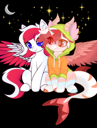 Size: 1024x1351 | Tagged: artist needed, safe, derpibooru import, oc, oc only, oc:peppermint swirl, oc:red wine, hybrid, original species, pegasus, shark, shark pony, black background, colored wings, duo, duo female, female, hybrid oc, pegasus oc, simple background, tail, two toned mane, two toned tail, two toned wings, wings