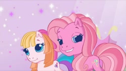 Size: 1272x720 | Tagged: safe, derpibooru import, screencap, pinkie pie (g3), toola roola, earth pony, g3, g3.5, twinkle wish adventure, duo, female, lidded eyes, lip bite, looking at you, mare, that's what makes a friend