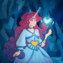 Size: 3466x3466 | Tagged: safe, derpibooru import, idw, princess amore, anthro, crystal pony, human, unicorn, amore, cave, clothes, crystal, crystal castle, crystal empire, crystal heart, dress, female, horn, humanized, solo, sparkles